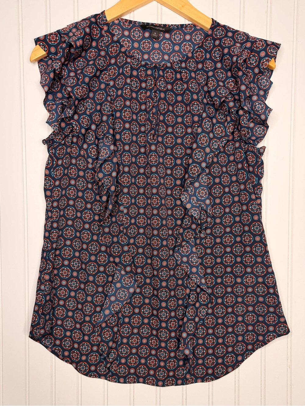 Banana Republic Navy Medallion Print Ruffle Top Sz S